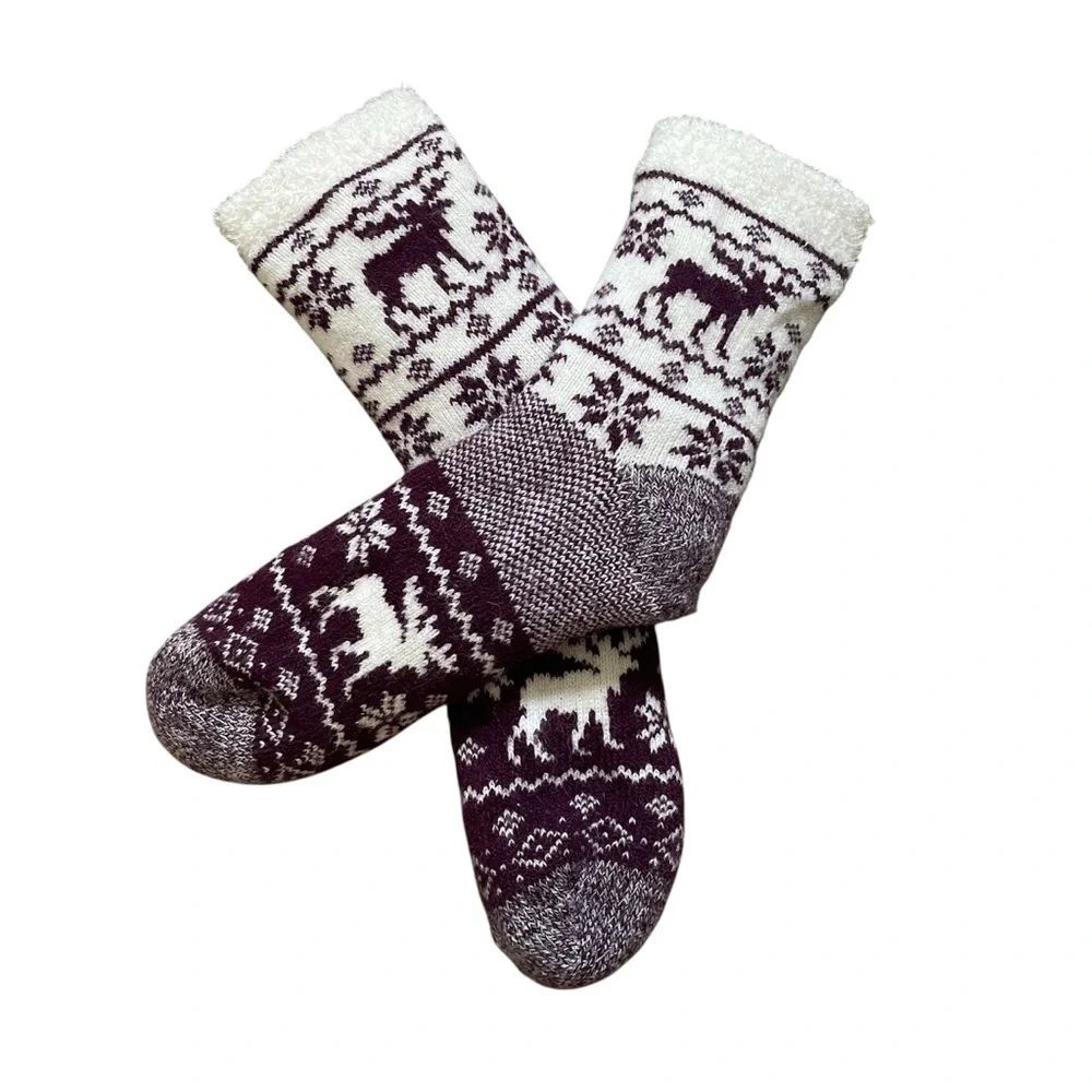 Fair Isle Fluffy Lined Cabin Socks Maroon Red White Deer Print Comfy Women's 6-8
